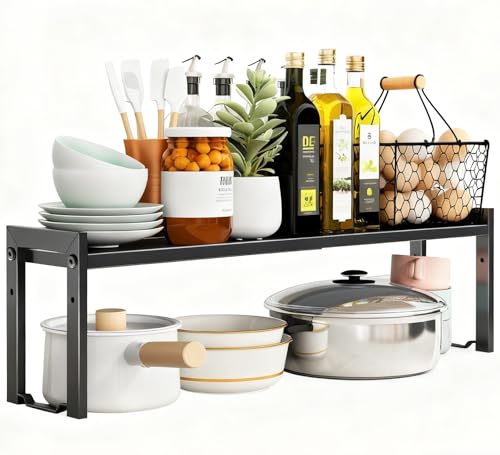 Expandable Cabinet Shelf Organizer 16-26" L Stackable Kitchen Counter Shelf Rack Sink Riser Countertop Storage Black (Normal 7.9”D) - color: Black, size: 7.9"D (normal) - 1 Pack