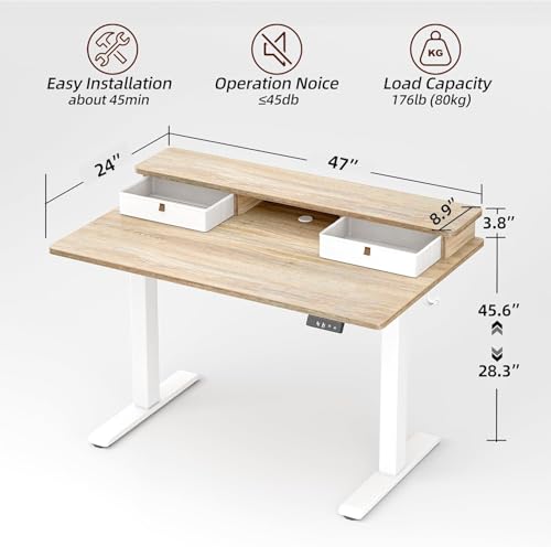 TIQLAB Standing Desk with Two Drawers, Stand Up Standing Desk Adjustable Height, Electric Sit Stand Table with Storage Shelf and Splice Board, 48 * 24 inch, Maple - color: Maple, size: 47*24 inch without keyboard tray