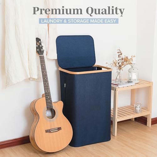 LONBET Laundry Basket with Lid, Made from Breathable Fabric | Aesthetic Clothes Hampers for Laundry with Side Handles & Sturdy Bamboo Frame (26 Gallons - Single, Blue) - color: Blue, style: 26 Gallons - Single