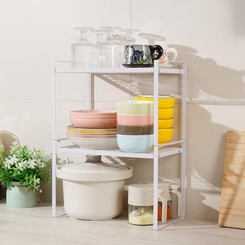 MiaLi Cabinet Organizer Shelf, Set of 2 Metal Counter Shelves Spice Rack, Stackable Kitchen Bathroom Organizers and Storage, White - color: White, size: 7.7"D x 13.7"W x 9.2"H + 7.7"D x 13.7"W x 9.2"H