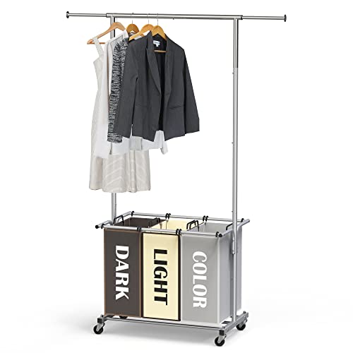 Simple Houseware 3-Bag Laundry Sorter with Extensible Clothes Hanging Rod, 3-Logoed Multi Color Bags - color: Multi