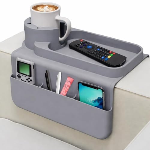 Silicone Couch Cup Holder Tray, 3-Side Sofa Armrest Organizer with Secure Gear-Shaped Locking Holder & Large Tablet Slot, Non-Slip Weighted Armchair Caddy, Couch Accessories (Grey) - color: Grey