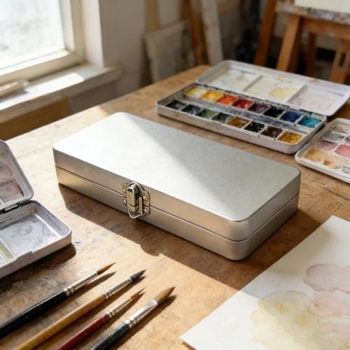 1Pc Rectangle Tin Storage Box With Lock, Portable Flip-Top Container For Nail Gel Solid Pigment Watercolor Palette, Pencil & Art Tool Organizer Case