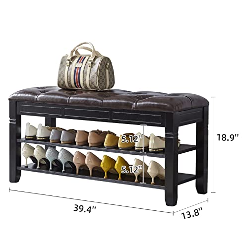 LEILISI Shoe Bench, Storage Rack Organizer with Cushion 2 Tier Lift Top Shoe Rack for Entryway Living Room Bedroom Hallway Wooden Furniture (Black, 39.4'') - color: Black, size: 39.4