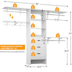 Besiost Closet System with Drawer - 8FT Wood Closet Organizer System with 3 Hanging Rods and Shelving Tower, 96" Walk In Closet Organizer Wardrobe, Heavy Duty Garment Rack Clothes Rack, White - color: White