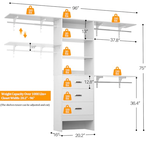 Besiost Closet System with Drawer - 8FT Wood Closet Organizer System with 3 Hanging Rods and Shelving Tower, 96" Walk In Closet Organizer Wardrobe, Heavy Duty Garment Rack Clothes Rack, White - color: White