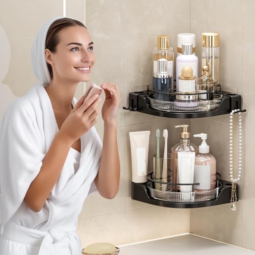360°Rotating Corner Shower Caddy(2-Pack), No-Drill Adhesive Shower Shelf Organizer with Hooks, Lazy Susan Bathroom Storage for Bathtub, Shower Corner & Kitchen Sink, Space Saving Bathroom Organizer - color: Dark Black