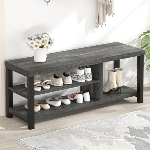 EXCEFUR Industrial Entryway Bench, Rustic Indoor Shoe Boot Storage Bench Seat for Living Room, Grey - color: Grey, size: 3-Tier