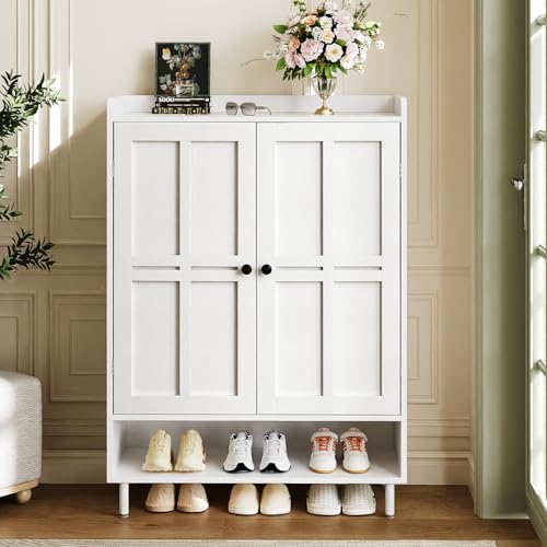 ComfyCorner White 7+1 Tier Farmhouse Shoe Storage Cabinet - 45" Tall Entryway Organizer with Cross Molding Doors, 3 Adjustable Shelves & Metal Legs, Shoe Rack for Front Door Entrance - color: White