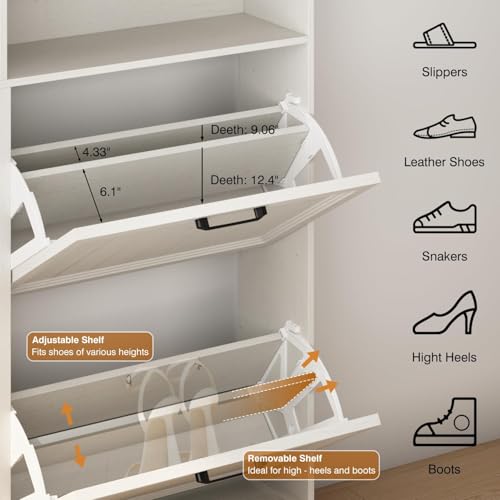 Shoe Storage Cabinet with 4 Flip Drawers, Farmhouse Modern Hidden Shoes Rack Cabinet with Adjustable Shelves & Open Storage, Narrow Slim Shoe Organizer for Front Door Entrance, Entryway, Antique White - color: Antique White, size: 4-Drawers