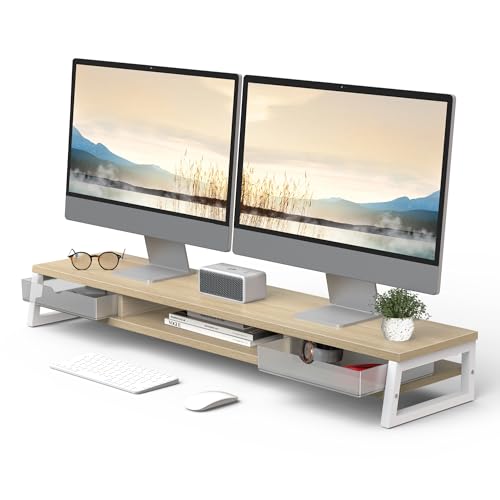 Fenge Dual Monitor Stand, Monitor Riser with Drawer, 42.5 Inch Large Computer Monitor Stand for 2 Monitors, 2 Tier Wooden Desk Shelf for Top of Desk - color: Oak