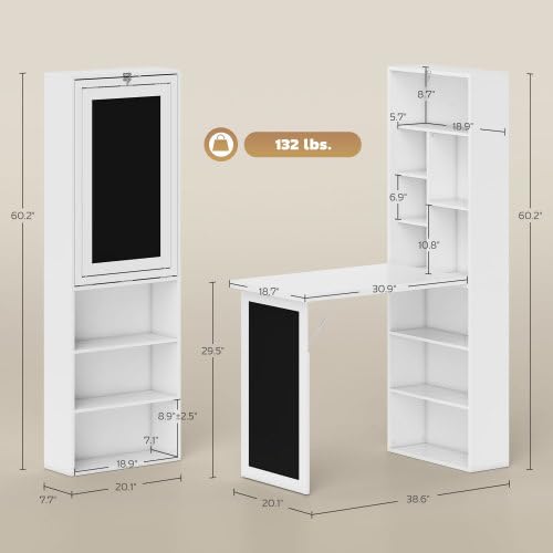 White Foldable Wall Mounted Desk with Storage Shelves, Fold Out Convertible Computer Table with Blackboard, Folding Writing Table Workstation for Small Spaces, Home Office - color: White