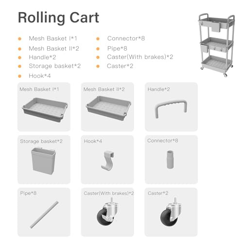 3 Tier Rolling Utility Cart with Handle,REBECAT Utility Cart Made of Multifunctional Storage Organizer Tool for Kitchen,Bathroom,Living Room,Office(Gray) - color: Gery