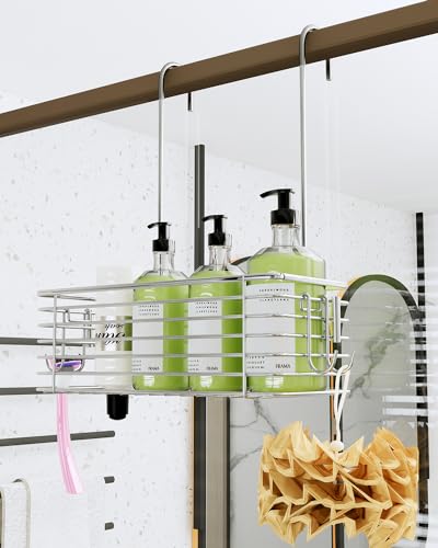 Over Door Shower Caddy, Stainless Steel Bathroom Organizer with Rotating Hooks, Hanging Storage Basket for Shampoo - size: single layer