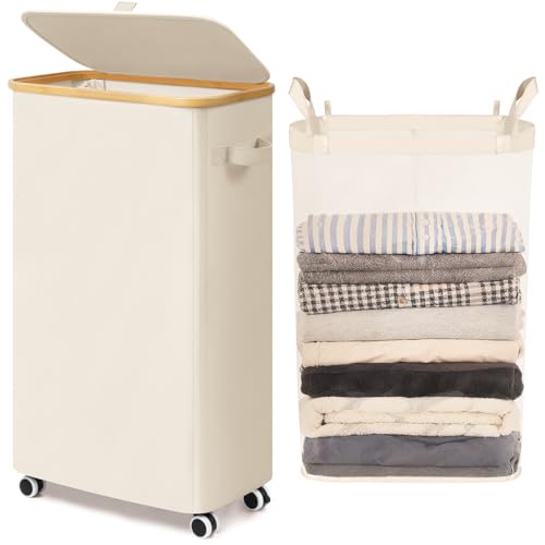 Goodpick Slim Laundry Basket with Wheels and Lid, 75L Narrow Laundry Hamper with Handles Removable Bag, Rolling Clothes Hamper for Dorm Bathroom Bedroom, 17" x 9.8" x 29.5", Beige - color: Beige, size: 75L (17"L x 9.8"W x 29.5"H)
