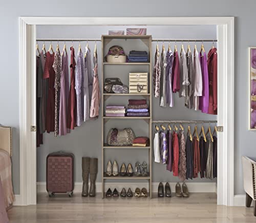 ClosetMaid SuiteSymphony Wood Closet Organizer Starter Kit with Tower and 3 Hang Rods, Shelves, Adjustable, Fits Spaces 5 – 10 ft. Wide, Natural Gray - style: Natural Gray Finish