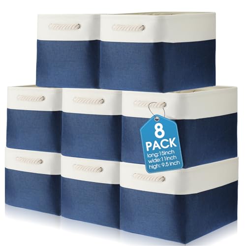 meekoo 8 Pack Collapsible Storage Bins Fabric Storage Bins Polyester Fabric Baskets with Handles Linen Closet Organizer for Shelf Home Closet Towels Toys(15 x 11 x 9.5 in,Blue White) - color: Blue White, size: 15 x 11 x 9.5 In