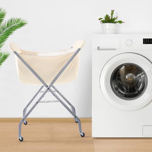ELYKEN Laundry Cart with Wheels, 33”H Easy Rolling Laundry Hamper with Removable Liner Bag, Sturdy Metal Frame Clothes Basket with 4 Casters and 2 Brakes - color: Creamy, size: 25.6"L x 22"W x 33"H