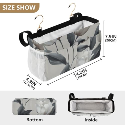 Bedside Caddy Metal Frame Hanging Organizer Bunk Bed Dorm Accessories Hook And Loop Storage Bag Large Pockets Light Grey Tulip Flowers - color: Light Grey Tulip Flowers