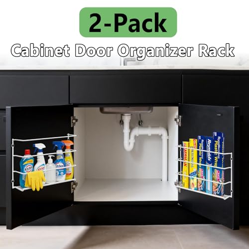 Premium 2-Pack Heavy Duty Kitchen Wrap Organizer, Extra Thick & Sturdy Metal Wire Rack for Cabinet Door, Holds Foil, Plastic Wrap, Wax Paper, Bags, Space Saving Under Sink or Pantry Storage Holder