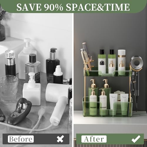 Bathroom Counter Organizer for Vanity, Makeup Organizer Countertop with Holder, Large Capacity Storage Rack, Perfect Large Skincare, Hair Care, Perfume, Easy to Install (Green, 2Tiers) - color: Green, size: 2 Tiers