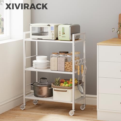3-Tier Metal Storage Rack with Industrial Wheels,Mesh Shelving Unit with Wooden Table top,Adjustable Shelf,23.6-Inch Width,for Kitchen,Laundry,Pantry,Plant,Oak panel and white frame - color: Oak Panel, size: 3 Tier (23.6"W x 11.8"D)