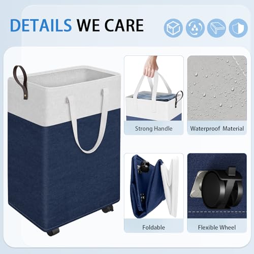 HomeHacks 75L Rolling Laundry Basket with Wheels, Collapsible & Waterproof Laundry Hamper, Mobile Clothes Hamper, Storage Laundry Bins with Handles for Laundry Room, Bedroom, Bathroom & Dorm, Blue - color: Blue, size: 75L