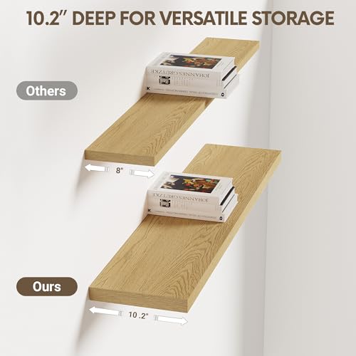 Vivelove 10" Deep Floating Shelves with Invisible Brackets, 36" Wall Shelves for Bathroom Bedroom Kitchen Living Room Laundry Room, Modern Rustic Shelves for Home Decor, 36"x10.2"x1.5", Set of 2, Oak - color: Oak, size: 35.4”Wx10.2”Dx1.5”H