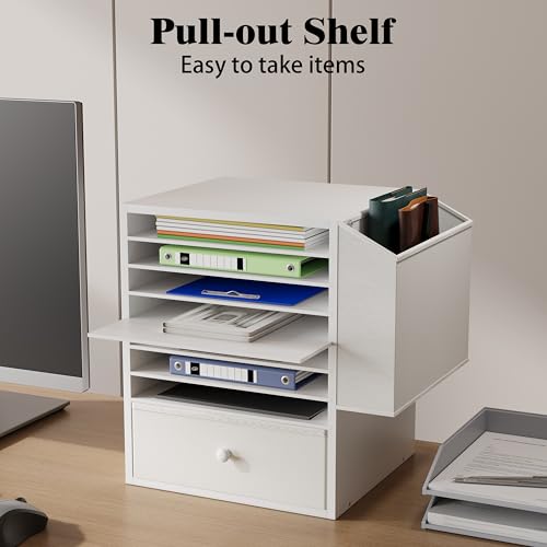 Unionly Wooden 12X12 Scrapbook Paper Organizer,7 Tier Adjustable Desktop File sorter with drawer,Craft&Stamp Cardstock Storage with Side Pocket&Name Slots for classroom,home offce，White - color: White, size: 7 Slots