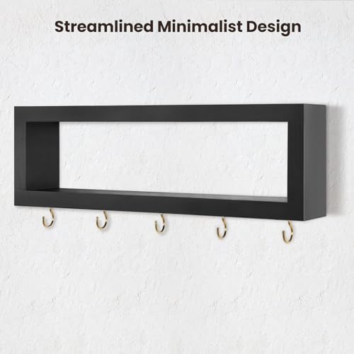 Lwenki Wall Shelf with Hooks - Decorative Key and Wallet Holder for Wall Holds Sunglasses, Leashes, Scarves and Lanyards - 15.7" x 5.1" x 2.9" Entryway Organizer Made of Paulownia Wood (Black) - color: Black