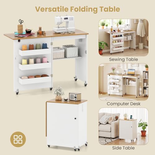 Giantex Folding Sewing Table with Charging Station, Rolling Craft Table with Storage Trays & Shelf, Foldable Sewing Machine Cabinet Desk with Lockable Wheels for Small Spaces (White & Natural) - color: White & Natural