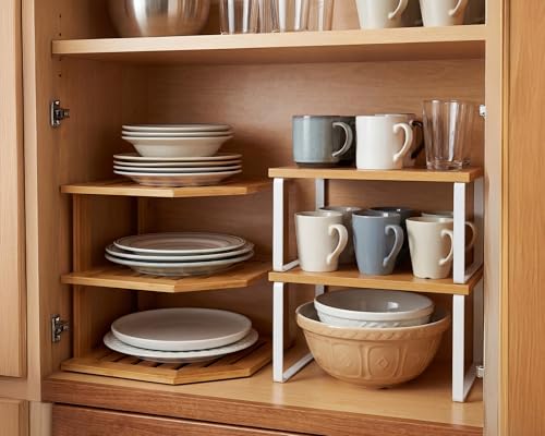 Nuanchu 3 Pcs Cabinet Organizer Shelf Bamboo Corner Rack for Kitchen Counter and Kitchen Counter Shelves for Storage Plates Dishes Bowls Bread Spice Rack Stackable Expandable
