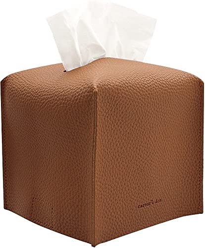 Tissue Box Cover Holder, Square with Bottom Belt by Carrot's Den - PU Leather Decorative Organizer for Tabletop, Bathroom, Car, Office | Camel - color: Camel