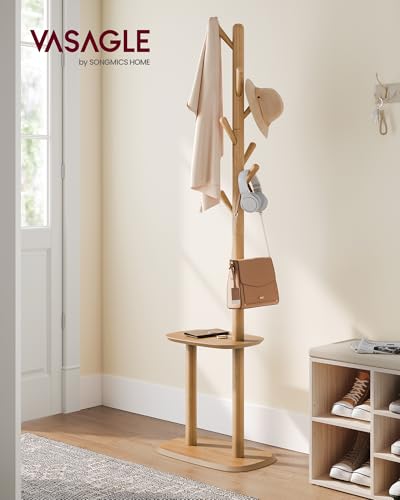 VASAGLE Coat Rack, Free Standing Coat Stand, Hall Coat Tree with 8 Hooks and Storage Shelf, 67.2 Inch Tall, for Coats, Hats, Bags, for Entryway, Hallway, Bedroom, Natural Beige URCR040N02 - color: Natural Beige, style: rectangular tray