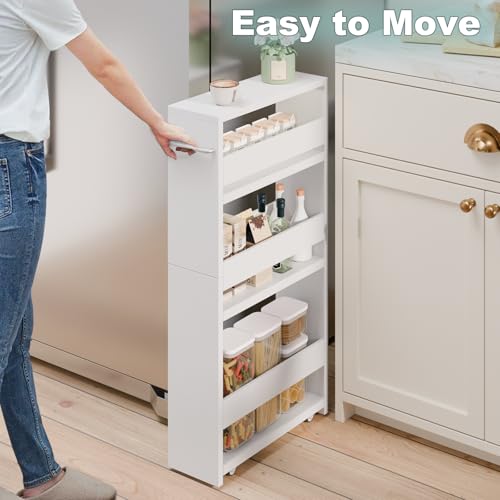 MARTY White Slim Storage Cart with Wheels, 4 Tier Rolling Utility Cart with Handle Slide Out Shelving Unit Organizer Trolley for Laundry Kitchen Bathroom Narrow Places Small Corner - color: All White, size: 5.51"D x 15.75"W x 31.5"H