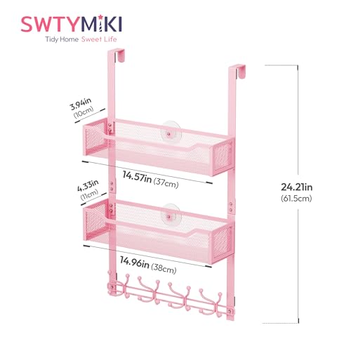 SWTYMIKI Over The Door Hooks Organizer - Multi-Functional Door Hanger with 16 Hooks & 2 Mesh Baskets, Long Coat Rack for Bathroom, Bedroom, Living Room, Home Storage Organizer, Pink - color: Pink