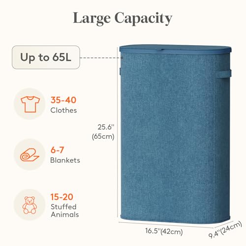 Lifewit Slim Laundry Basket with Lid, Narrow Large Laundry Hamper with Plastic Handles and Removable Bag, Tall Foldable Dirty Clothes Hampers for Laundry Room, Bedroom, Bathroom, Dorm, 65L Dark Blue - color: Dark Blue, size: 65L