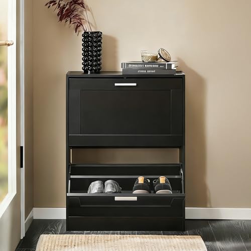 Haotian Shoe Cabinet Storage for Entryway, Narrow Shoe Cabinet with Two Flip Drawers to Save Space, Shoe Rack Cabinet for Front Door Entrance Hallway (Black) - color: Black, size: 2-Drawers