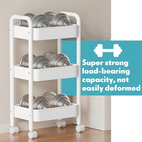 3 Tier Metal Rolling Cart, Heavy Duty Utility Storage Organizer with Lockable Wheels, Mobile Utility Cart for Livingroom, Bathroom, Kitchen, & Narrow Places, White