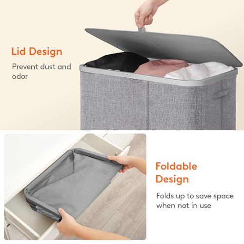 Lifewit 185L Large 3 Section Laundry Hamper with Lid, Plastic Laundry Basket with Bamboo Handles and Removable Bags, Tall Foldable Clothes Hamper for Bathroom Bedroom, Light Gray - color: Light Gray
