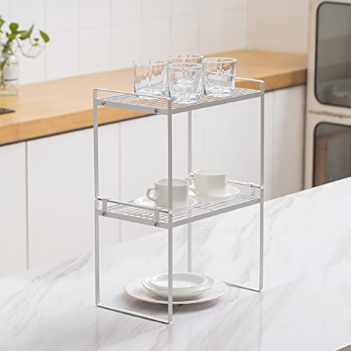 Shantton 2pk Kitchen Cabinet Shelf Counter Organizer Rack Pantry Storage Bathroom Bedroom Office Table Desk Space Saving Steel Frame Stackable Rust Resistant Non Slip White-Tall- L13in W8.3in H9.5in - color: White, size: L13" W8.3" H9.5"