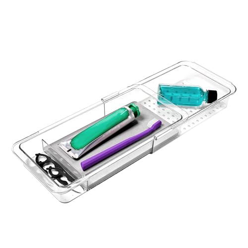 madesmart Expandable Dental Tray Drawer Organizer with Drying Stone, Clear Plastic Organizer for Toothbrush, Dental Floss, Water Flosser, Mouthwash - size: Expandable