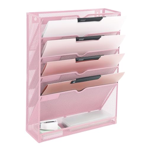 EASEPRES 6 Tier Mesh Hanging Wall File Organizer, Desk Vertical Mail Paper Document Folder Holder Rack with Bottom Tray and Nametag Label for Office Home School, Pink - color: Pink, size: 6 Tier