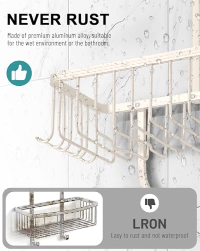 Shower Caddy Hanging - Never Rust Shower Hanging Organizer - Aluminum Over the ShowerHead Caddy with Soap Basket and 6 Hooks for Razor/Sponge (Milky White) - color: Milky White