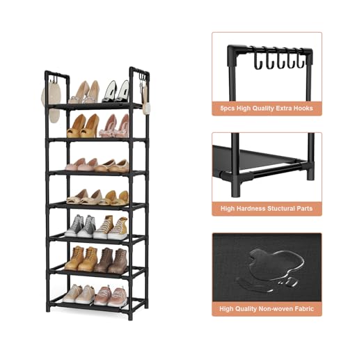 LANTEFUL 7 Tiers Shoe Rack 18-20 Pairs Boots Organizer Storage Sturdy Narrow Shoe Shelf for Entryway, Closets with Hooks, Black - color: Black, size: 7 Tier-47.6" High-17" Wide