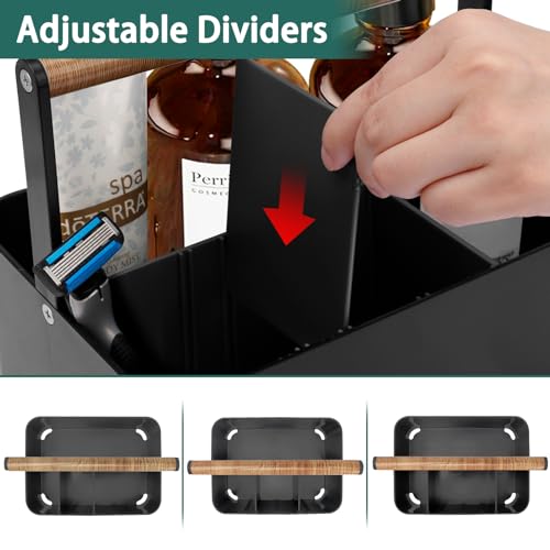 BYUNER Portable Shower Caddy Dorm: Bathroom Caddy Organizer with Handle and Adjustable Dividers,Plastic Shower Basket for Toiletry,Makeup,Vanity,Shower Storage Tote for College, Cleaning Caddy, Black - color: Black / Wood Handle