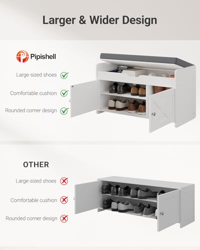 Pipishell Shoe Storage Bench, 2-Tier with Cushioned Seat, Entryway Bench with Adjustable Shelf & Barn Doors, 300 lbs Capacity, 31.5" x 15" x 18", for Entryway, Bedroom, Living Room, White - color: White, size: 2 doors- 31.5" W x 15" D x 18" H