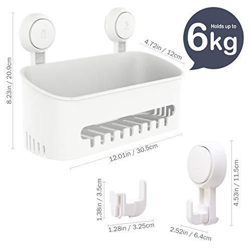TAILI Strong Vacuum Suction Cup Bath Corner Shower Caddy Storage Basket + 4 Extra Hooks, No Drill Bathroom Shelves for Kitchen Bedroom Organizer Set, White in Plastic - style: 6 pack