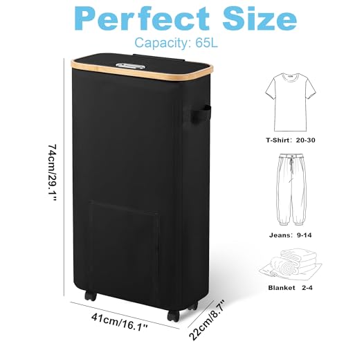 Vincona Laundry Basket with Wheels, Tall Dirty Clothes Hamper on Wheels, Rolling Laundry Hamper with lid for Dorm, Bedroom and Bathroom - color: Black, size: 65L