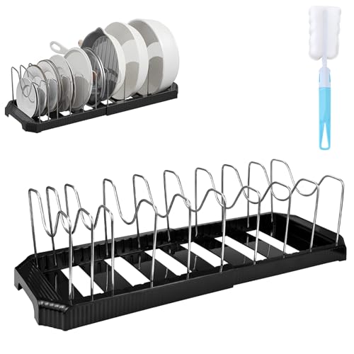 Expandable Pot Rack Organizer, 14 Adjustable Compartments, Pot and Pan Organizer Rack for Cabinet with Cup Brush Dividers, 13 -22" Wide Adjustable Pan Organizer - Pantry Countertop Storage (Black) - color: Black